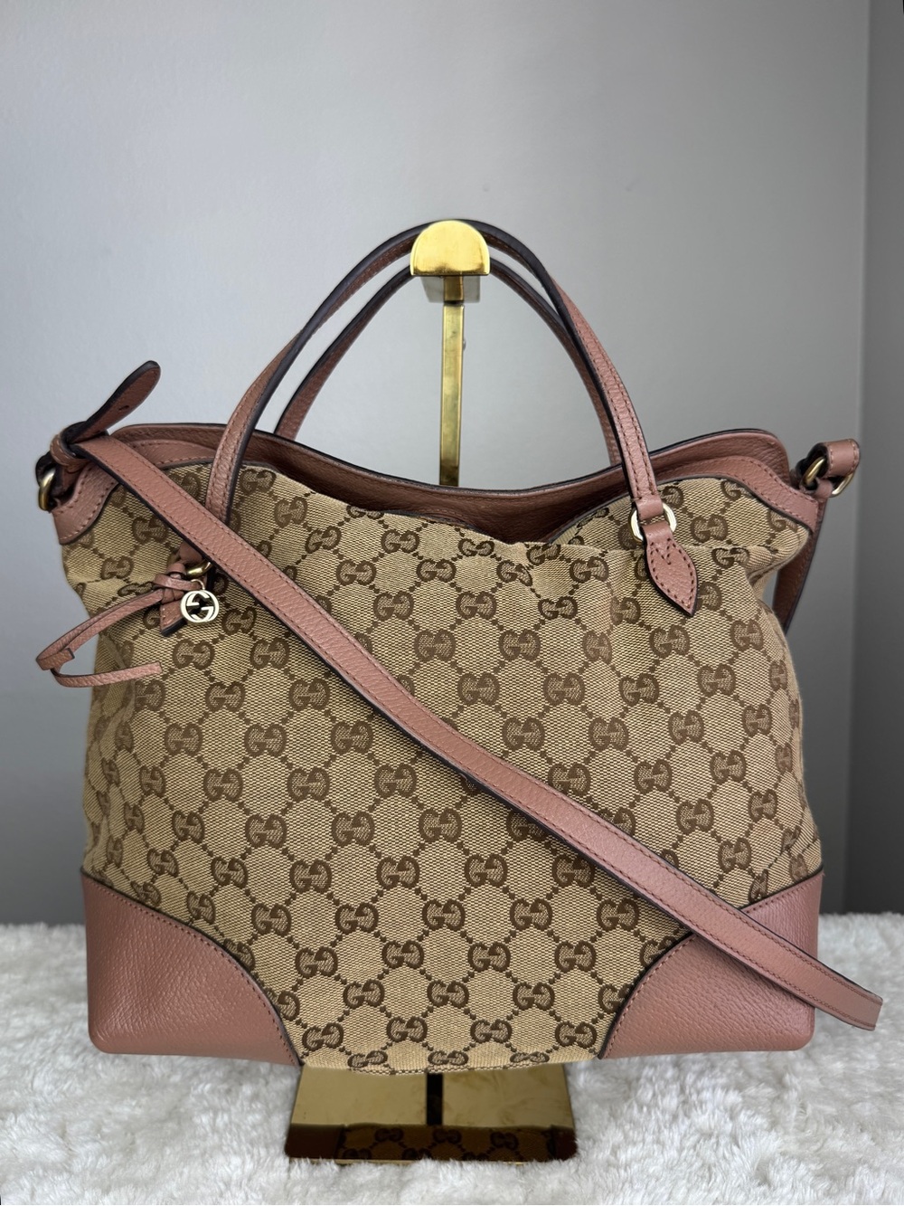Gucci Pink Brown GG Canvas Top-Handle Tote